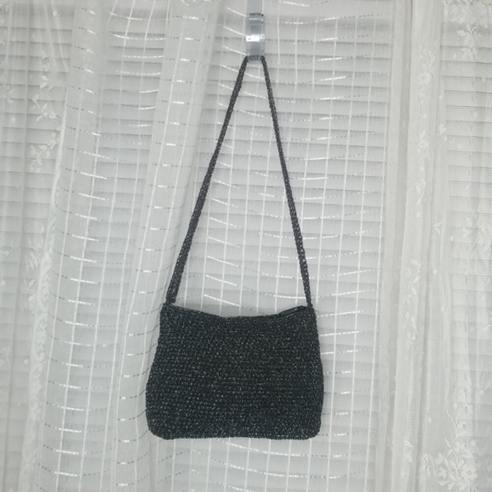 Vintage Y2K Black W/ Silver Sparkle Woven Purse Bag W/ Matching Attached Wallet